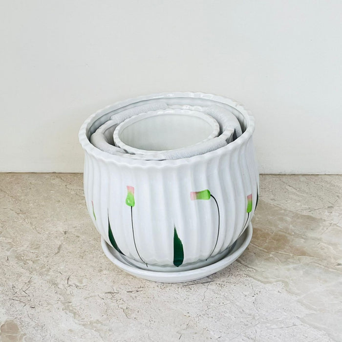 Blossom charm ceramic pot set with ribbed texture