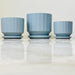 Modern fluted blue ceramic planters with saucers