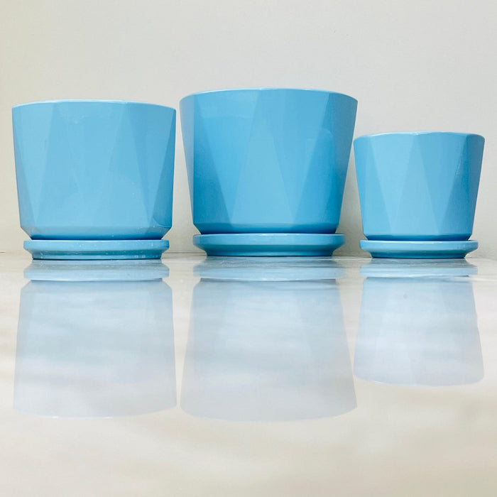 Blue geometric ceramic planter set