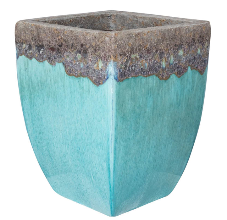 Milky Blue Square Ceramic Planter with Textured Rim