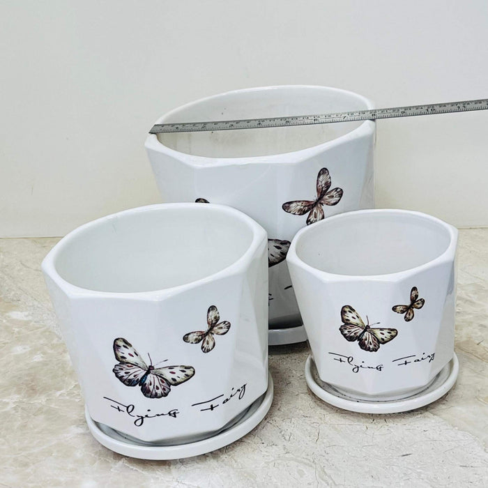 Glossy White Ceramic Planters with Butterfly Print