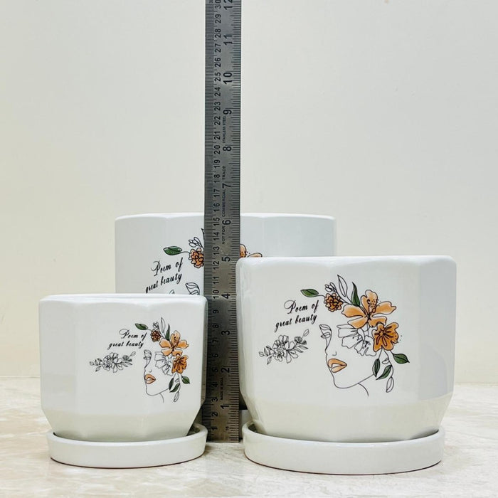 Elegant ceramic pots with floral accent and saucers