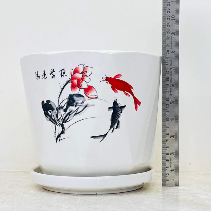 Elegant ceramic pots with Asian-style koi fish and flower pattern