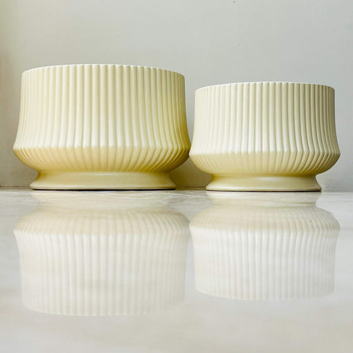 Cream ribbed ceramic planter set with fluted design