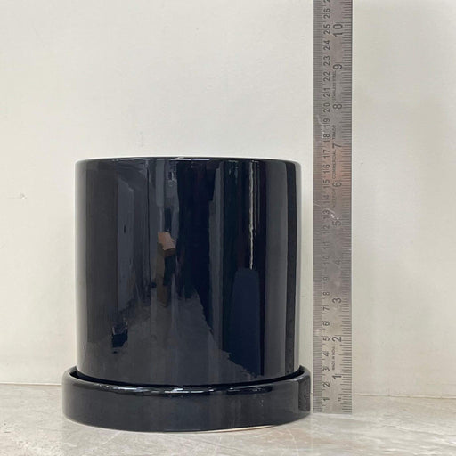 Cylindrical glossy black indoor plant pot