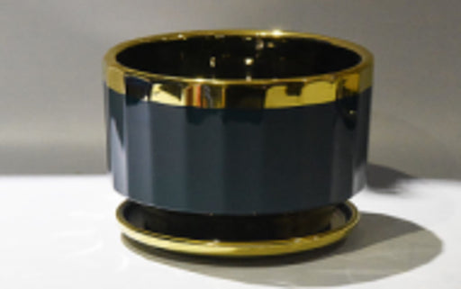 Dark Green Ceramic Planter with Gold Rim