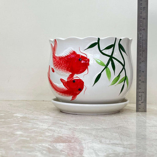 Ceramic Planter with Koi Fish and Bamboo Design