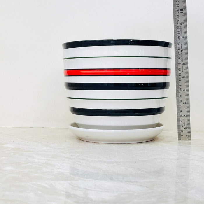 Decorative ceramic pots with red and black horizontal stripe design