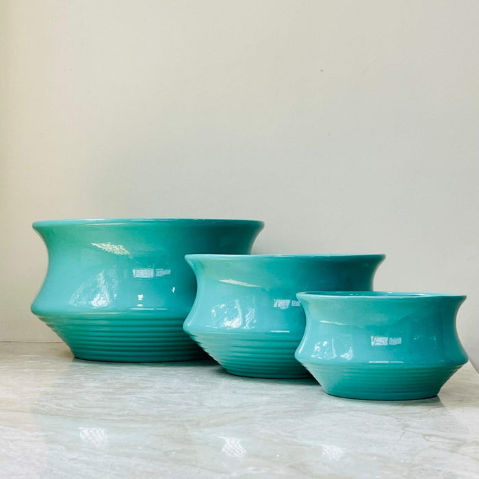 Stylish aqua blue flared ceramic pots set of 3