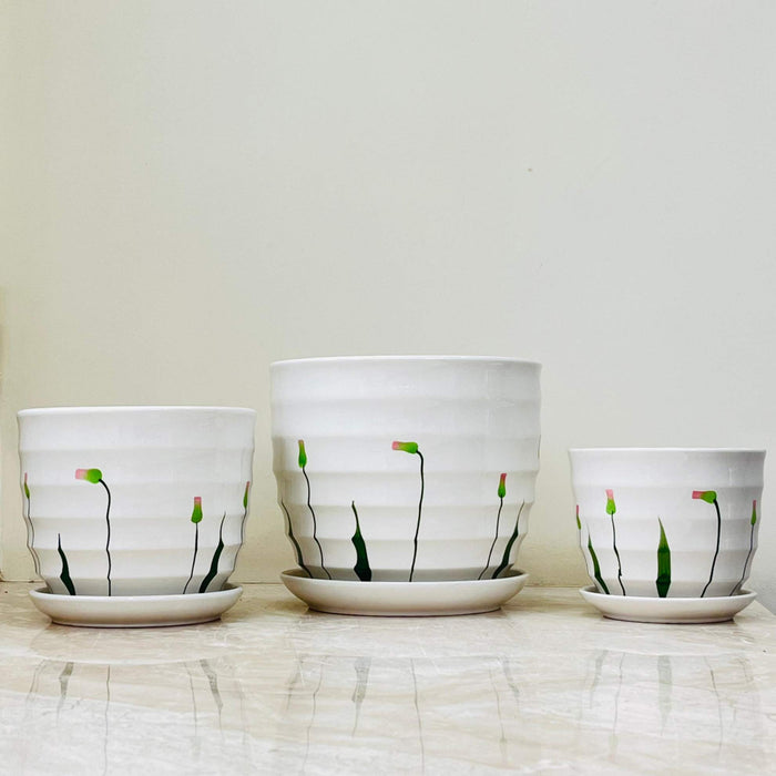 Set of white ceramic pots with hand-painted floral design