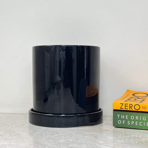 Glossy black ceramic planter with matching saucer