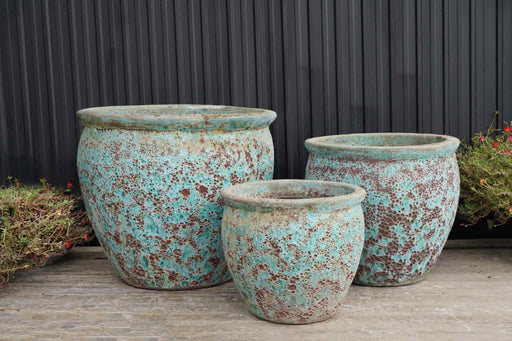 Durable green and brown ceramic plant containers