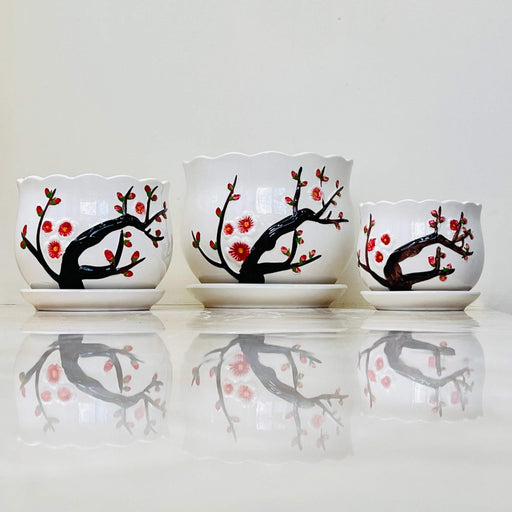 Hand-painted cherry blossom ceramic planter set