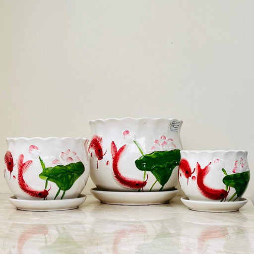 Hand-painted koi fish ceramic planter set