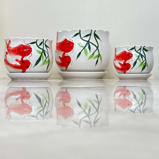 Hand-painted Koi Fish Ceramic Planter Set