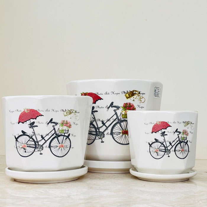 Bicycle illustration ceramic planters set