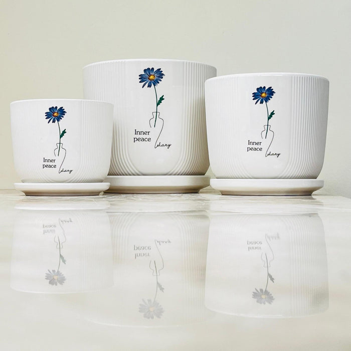 White ceramic pots with 'Inner Peace' blue flower design and matching saucers