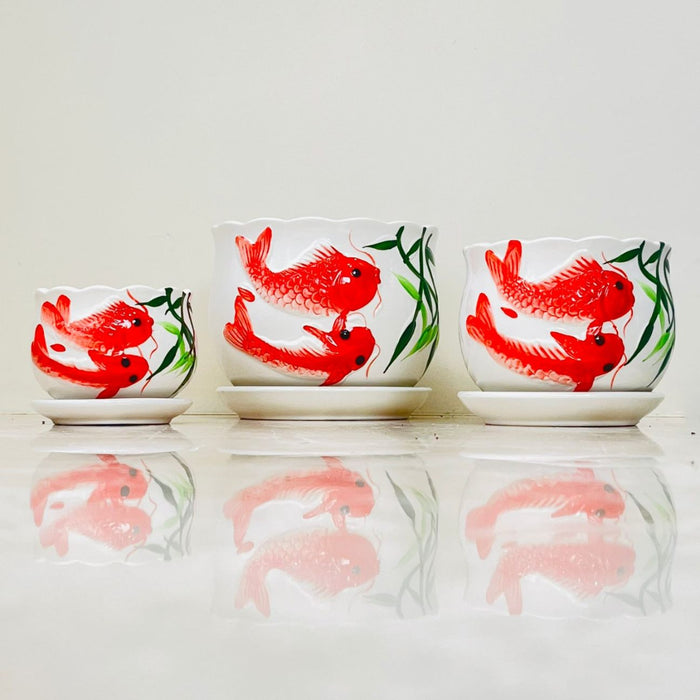 Koi Serenity ceramic pot set with hand-painted koi fish