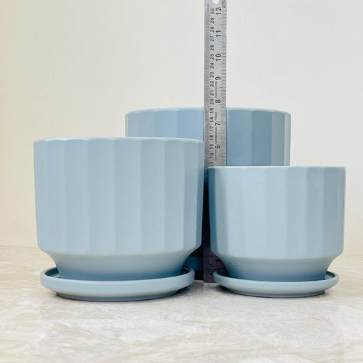 Matte blue fluted ceramic planter set