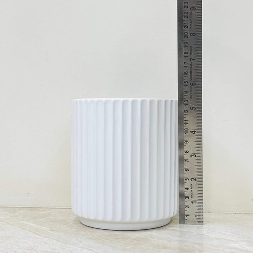 Minimalist white ceramic plant pot with ribbed design