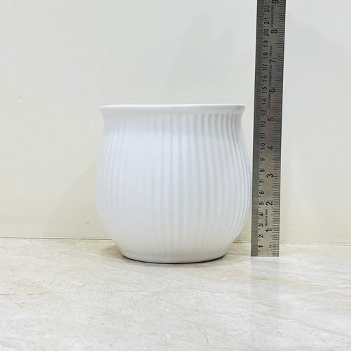 Minimalist white ceramic pot with ribbed texture for indoor decor