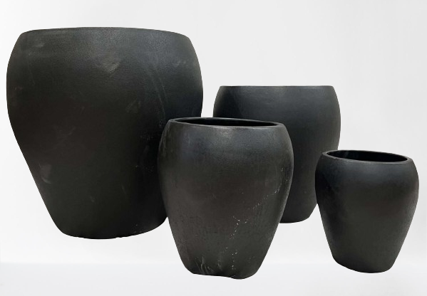 Large Matte Black Ceramic Planter with Stone Texture