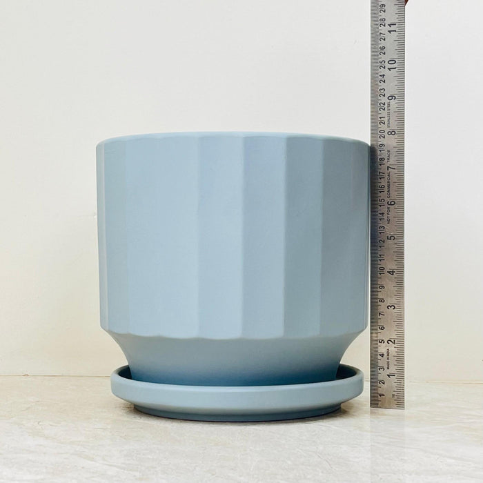 Three-piece fluted blue ceramic pot set