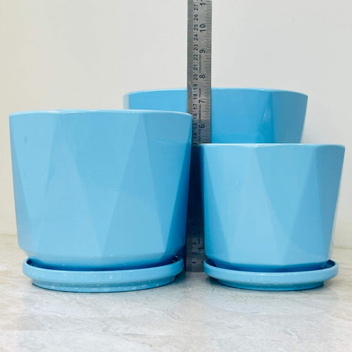 Faceted sky blue ceramic plant pots