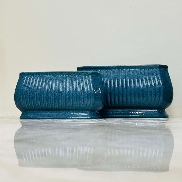 Modern teal rectangular ceramic planter set with ribbed design