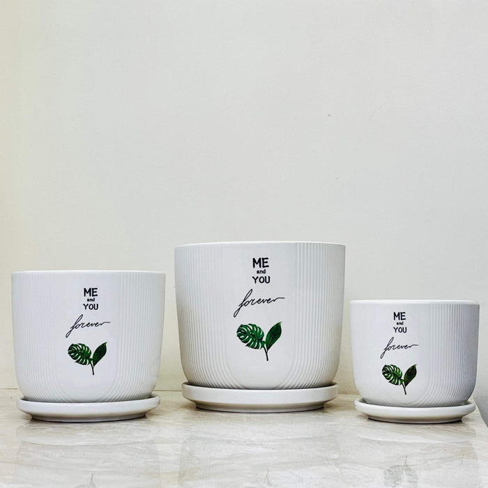 White planter set with green leaf print for home decor