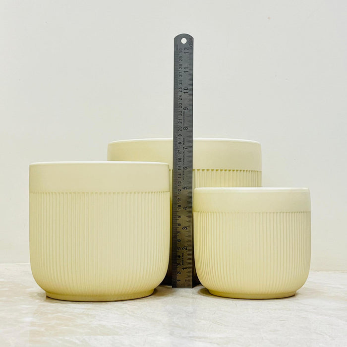 Matte beige ceramic plant pots with ribbed texture