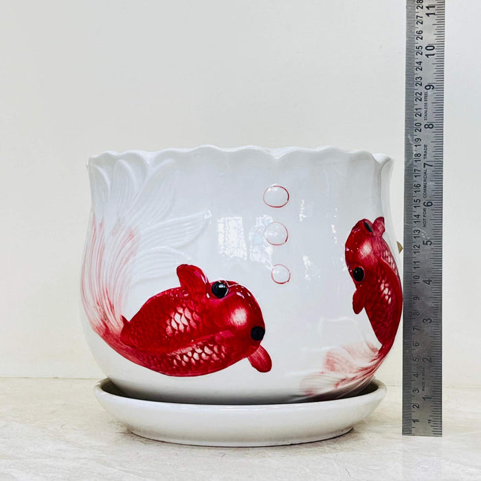 Red fish design ceramic pot set for indoor plants