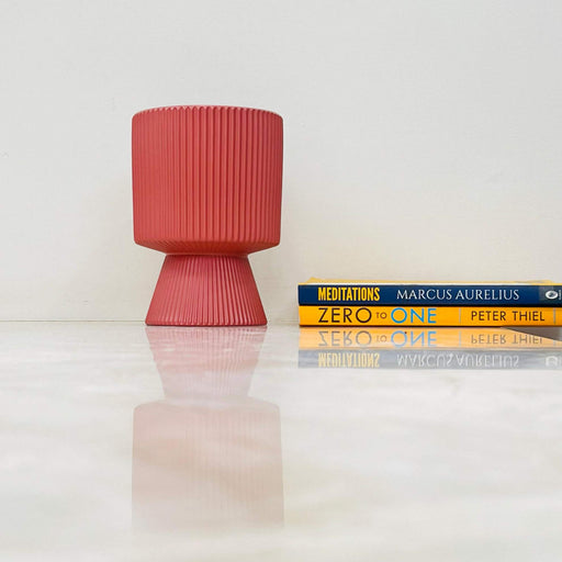 Red ribbed pedestal ceramic planter