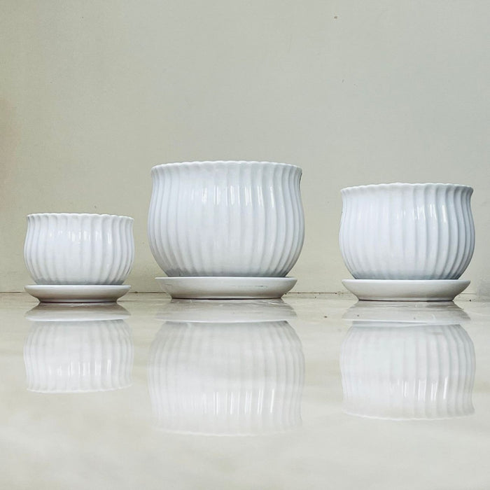 Fluted ceramic pots with water-catching saucers