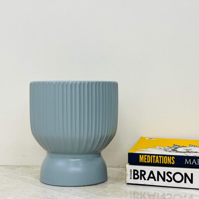 Ribbed hourglass ceramic planter in grey-blue finish