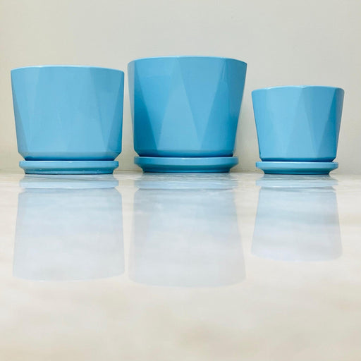 Modern Blue Geometric Ceramic Planter Set