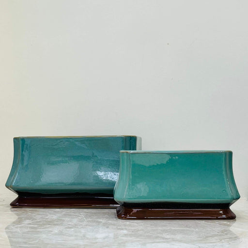 Teal Rectangular Ceramic Planter with Brown Base