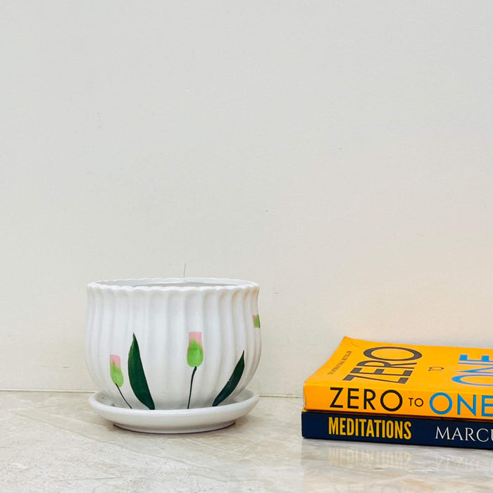 White Ceramic Planter with Floral Design and Matching Saucer