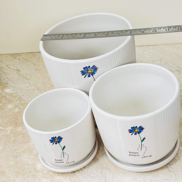 Three ceramic planters with blue flower and vase illustration