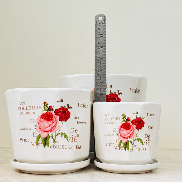 Set of ceramic planters with floral and text pattern