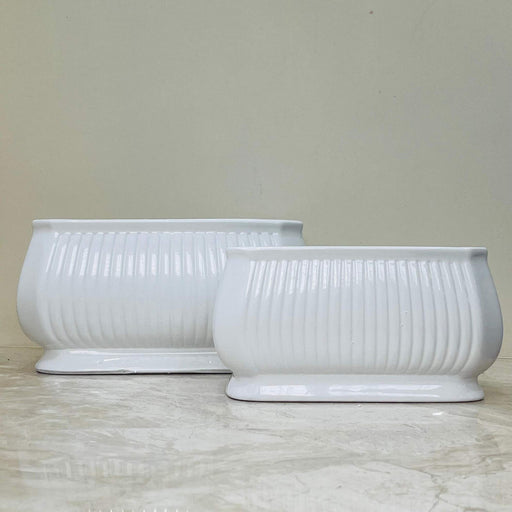 White ribbed ceramic planter set oval modern