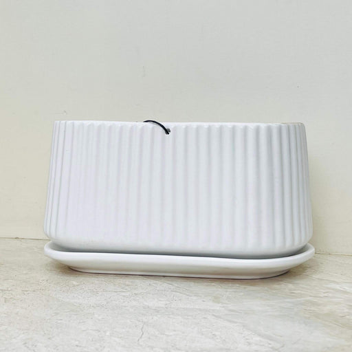 White ribbed rectangular ceramic planter