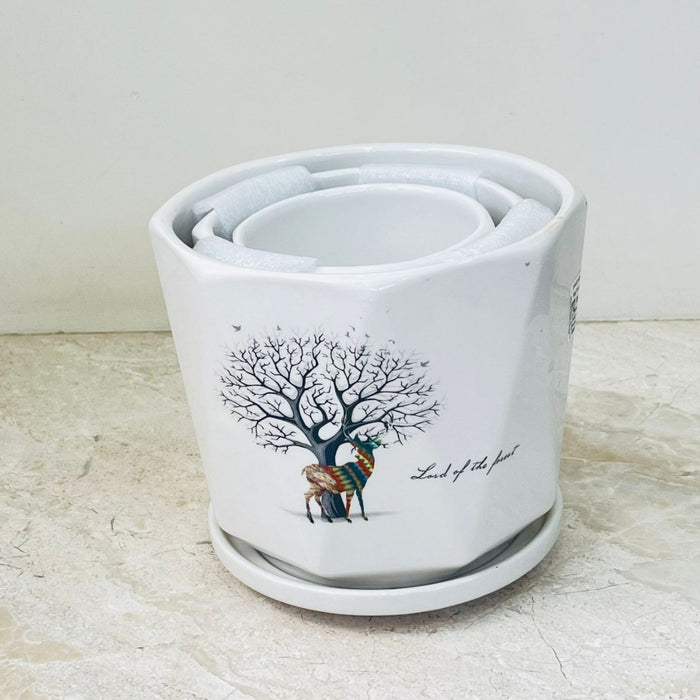 Tree and Animal Motif Ceramic Planter with Saucer